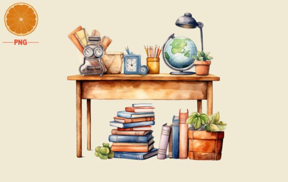 Back to School Studying Table Watercolor